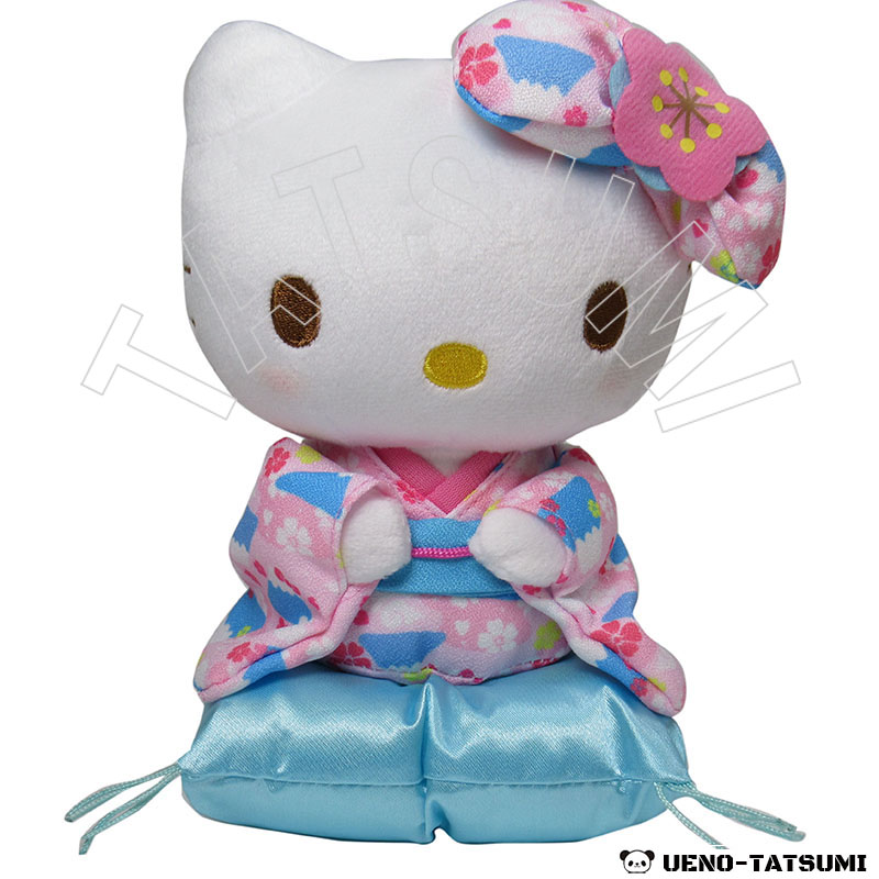 ハローキティ ぬいぐるみサイズS お山着物 水色 座り - キャラクター