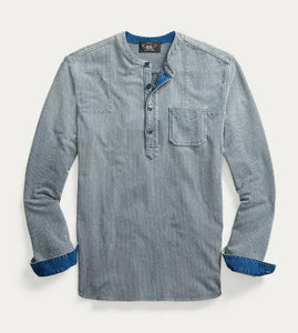 RRL Double RL French Work Popover Men's Striped Band Collar Shirt