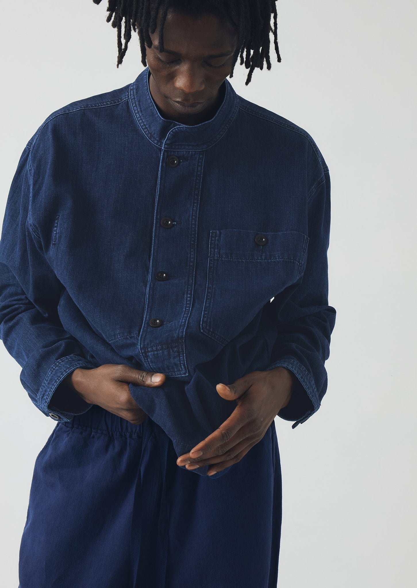 Grandad Collar Half Placket Denim Shirt | Indigo | TOAST