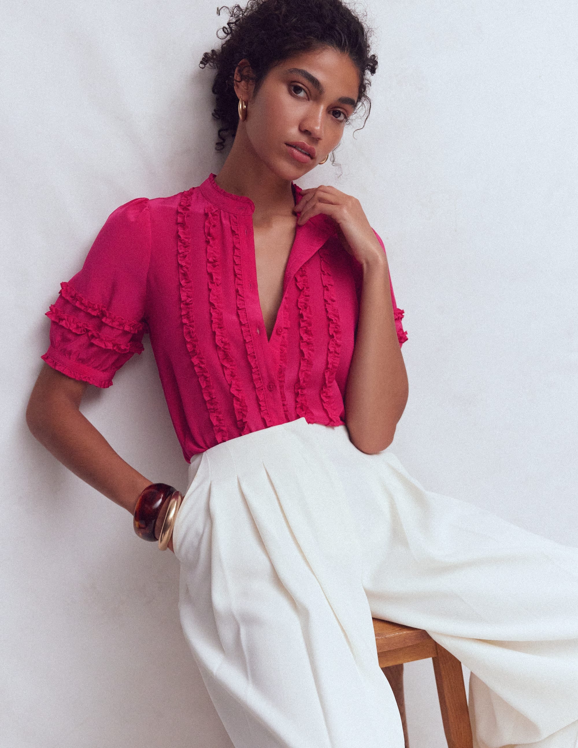 Short Sleeve Silk Ruffle Top-Pink | Boden USA