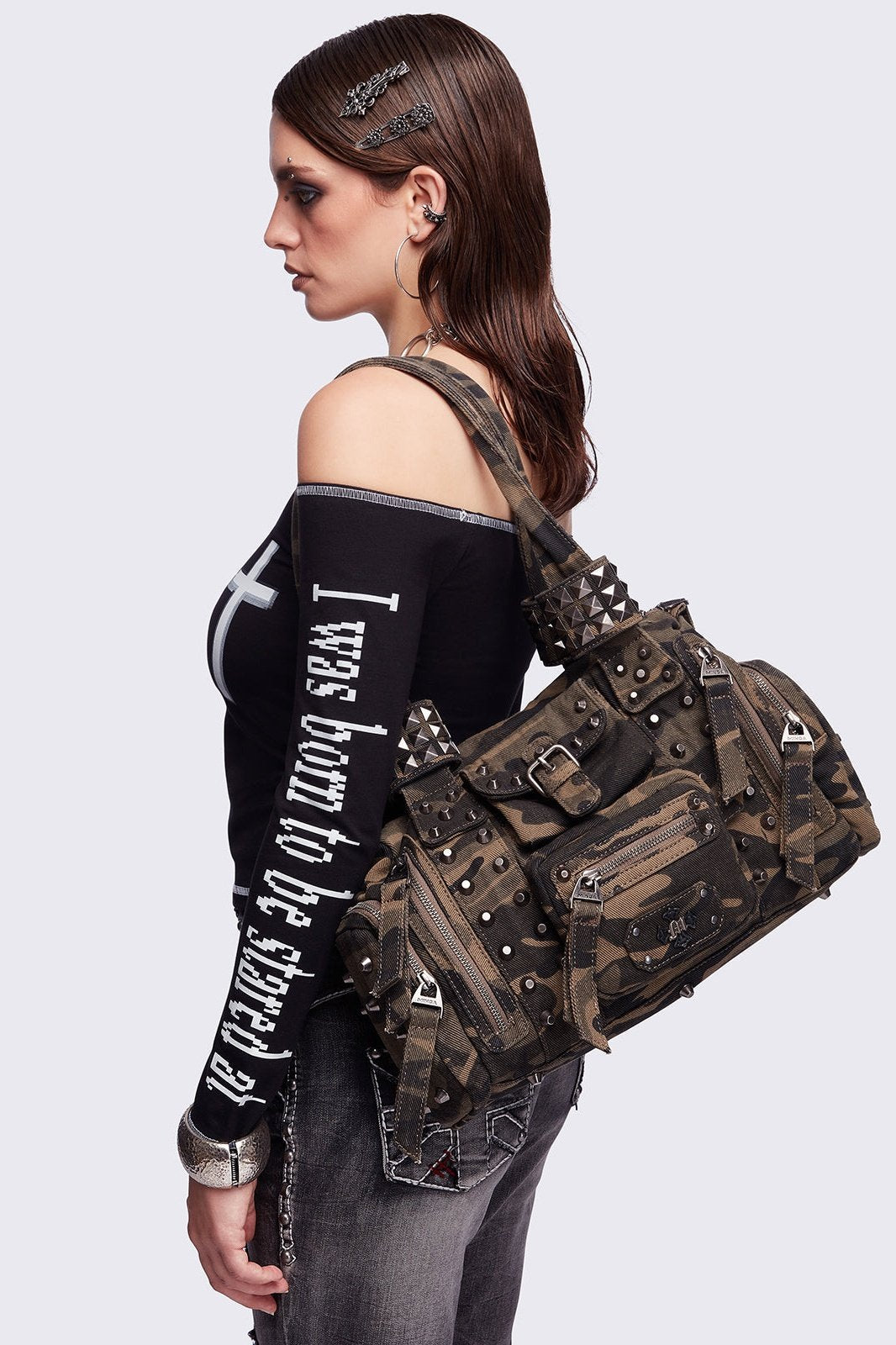 Camo Washed Spikes Multipocket Military Shoulder Bag | Minga