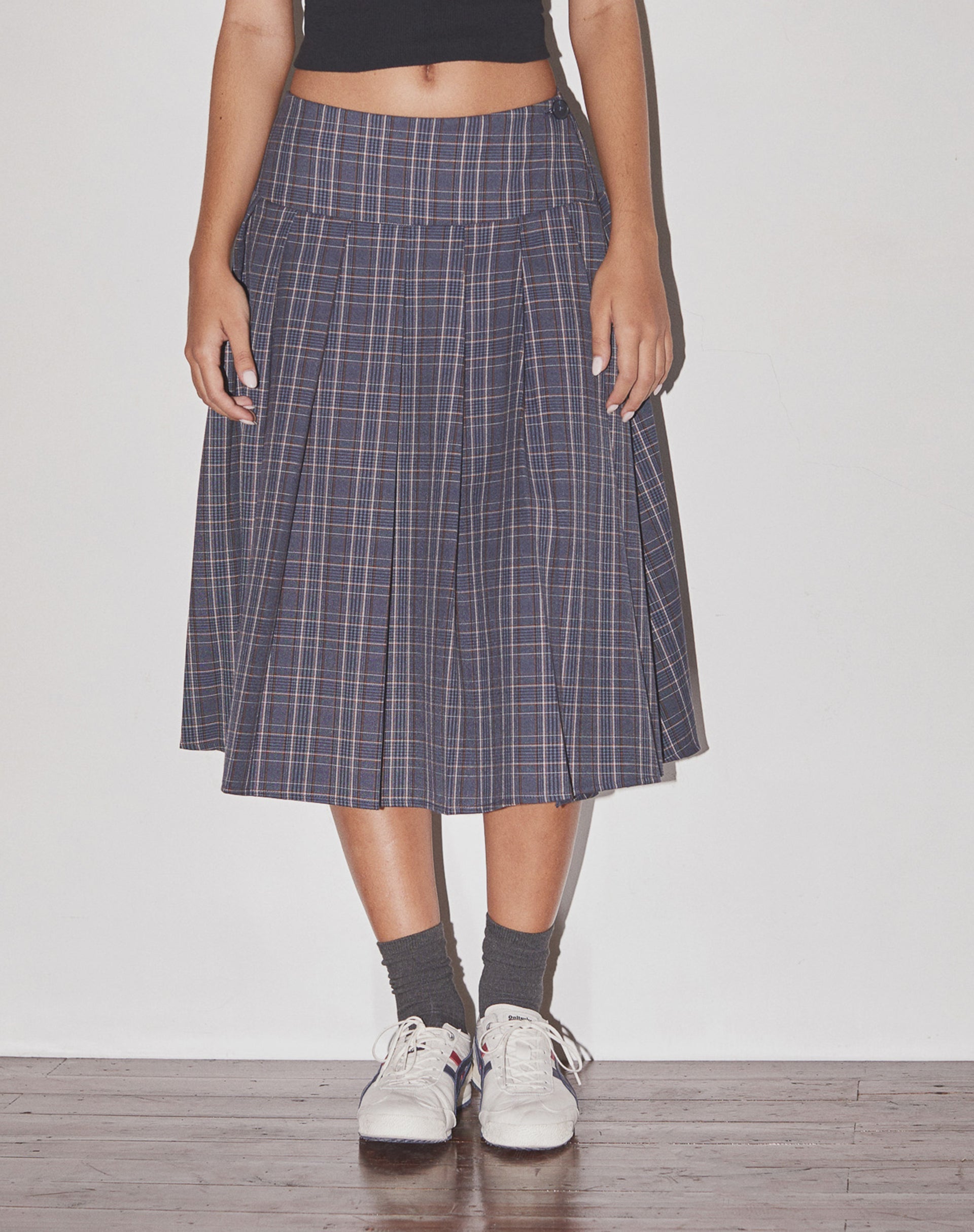 Navy Check Pleated Midi Skirt | Catelyn – motelrocks-com-us