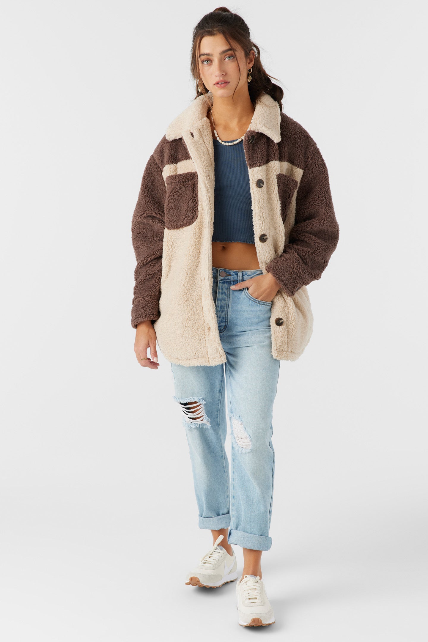 Heath Colorblock High Pile Oversized Fleece Jacket - Deep Taupe