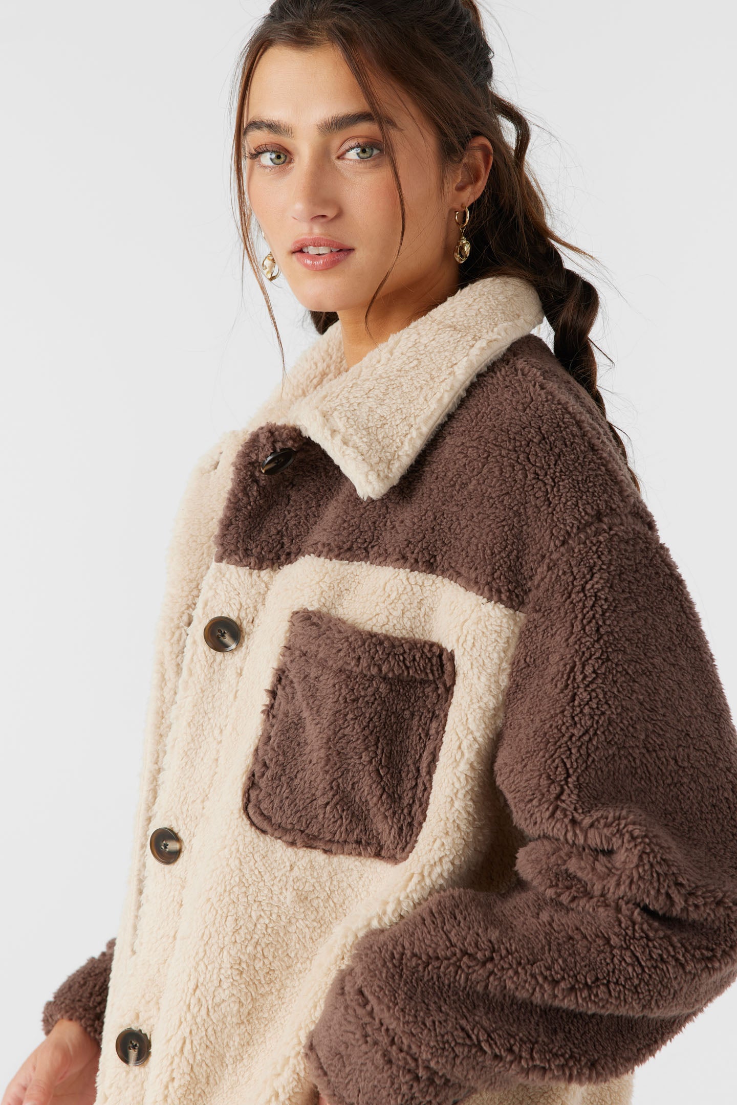 Heath Colorblock High Pile Oversized Fleece Jacket - Deep Taupe