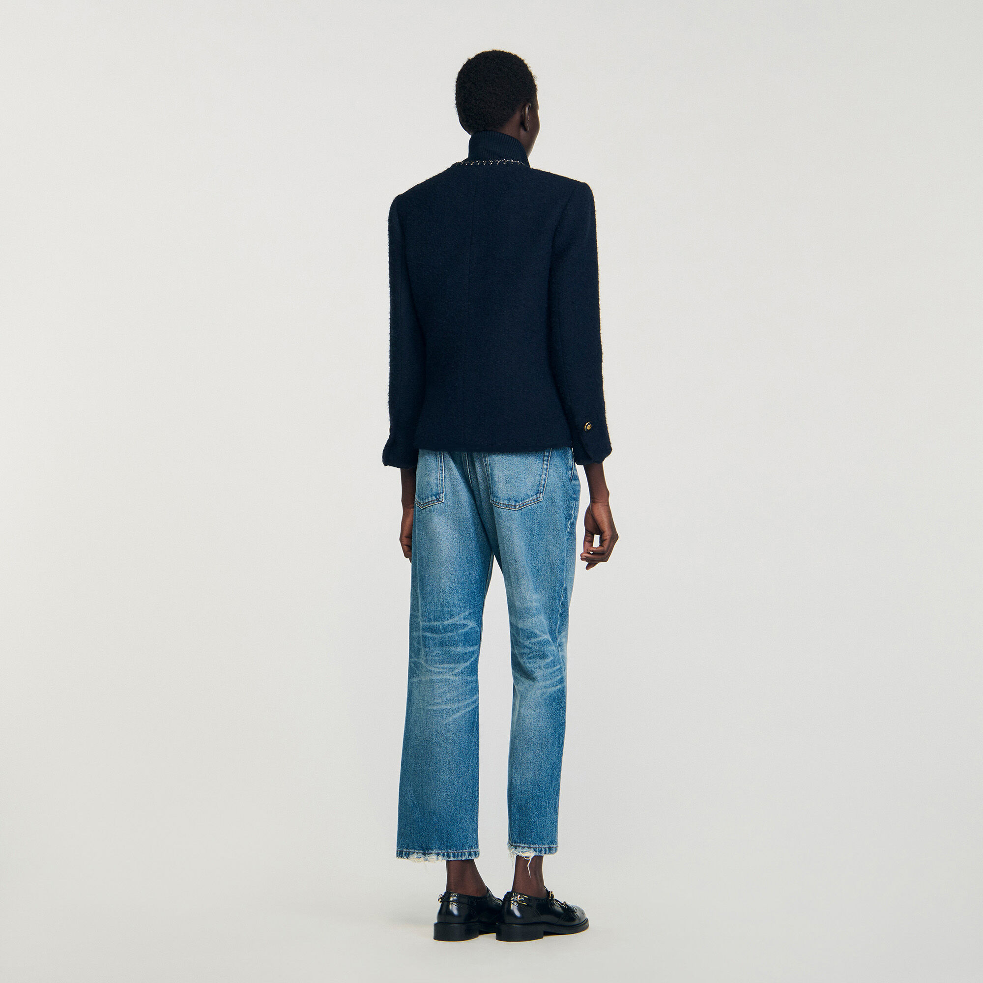 Tweed jacket with removable collar in Navy Blue for Women | Sandro