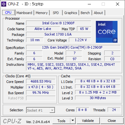 Intel Core i9 12900F @ 4688.53 MHz - CPU-Z VALIDATOR
