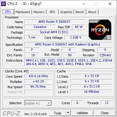 AMD Ryzen 5 5600GT @ 4314.16 MHz - CPU-Z VALIDATOR