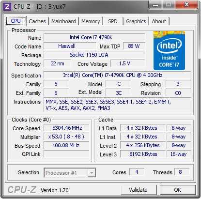 Intel Core i7 4790K @ 5304.46 MHz - CPU-Z VALIDATOR