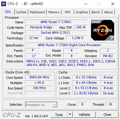 AMD Ryzen 7 2700X @ 3999.84 MHz - CPU-Z VALIDATOR