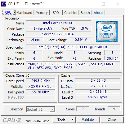 Intel Core i7 6500U @ 2493.9 MHz - CPU-Z VALIDATOR