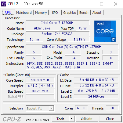 Intel Core i7 12700H @ 4090 MHz - CPU-Z VALIDATOR