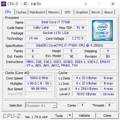 Intel Core i7 7700K @ 5000 MHz - CPU-Z VALIDATOR