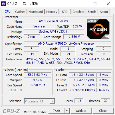 AMD Ryzen 9 5950X @ 5898.63 MHz - CPU-Z VALIDATOR