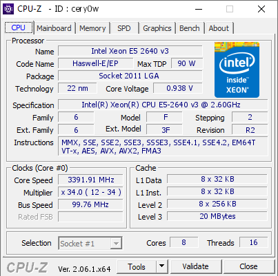 Intel Xeon E5 2640 v3 @ 3391.91 MHz - CPU-Z VALIDATOR