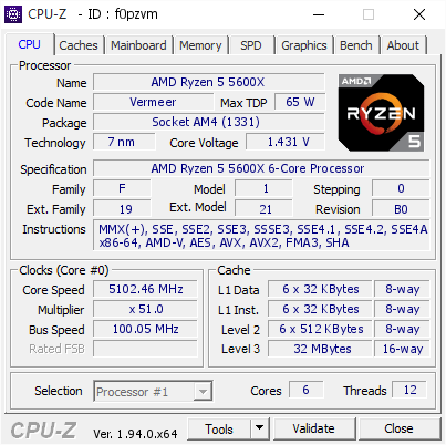 AMD Ryzen 5 5600X @ 5102.46 MHz - CPU-Z VALIDATOR