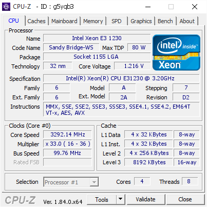 Intel Xeon E3 1230 @ 3292.14 MHz - CPU-Z VALIDATOR