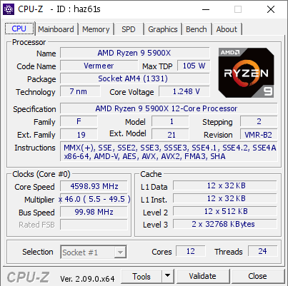 AMD Ryzen 9 5900X @ 4598.93 MHz - CPU-Z VALIDATOR