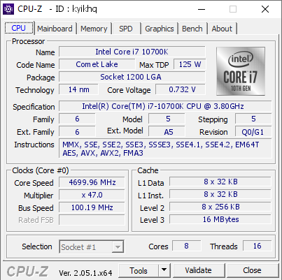 Intel Core i7 10700K @ 4699.96 MHz - CPU-Z VALIDATOR