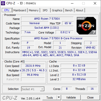 AMD Ryzen 7 5700X @ 2020.9 MHz - CPU-Z VALIDATOR