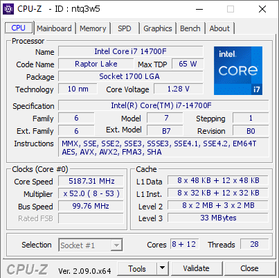 Intel Core i7 14700F @ 5187.31 MHz - CPU-Z VALIDATOR