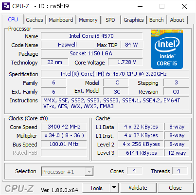 Intel Core i5 4570 @ 3400.42 MHz - CPU-Z VALIDATOR
