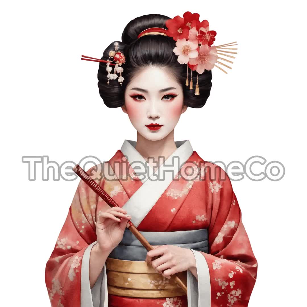 日本の芸者のイラスト15点 PNG素材｜水彩画の着物、日傘、扇子｜セット