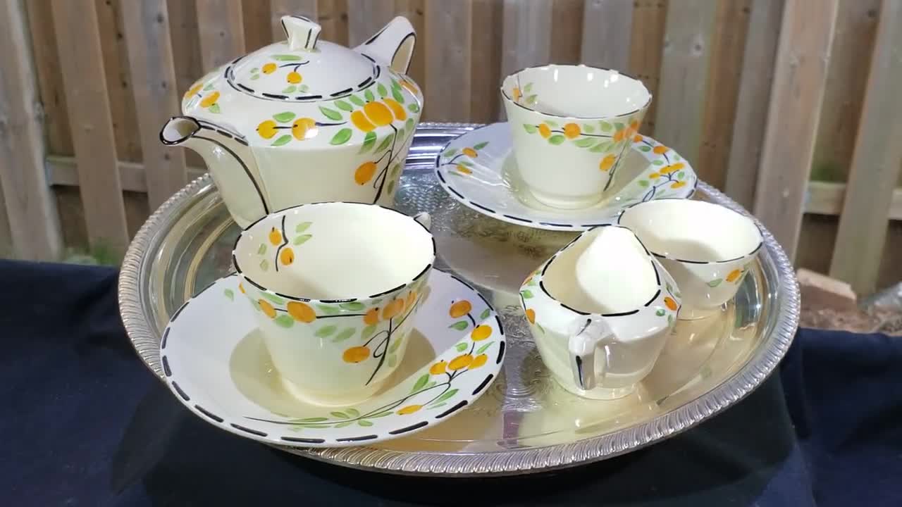 Vintage Crown Ducal Tea Set: Art Deco Orange Tree, Victory Shape