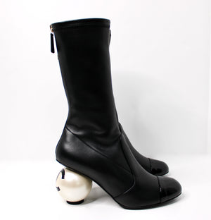Chanel Black Lambskin & Patent Leather Mid-Calf Pearl Logo Heel