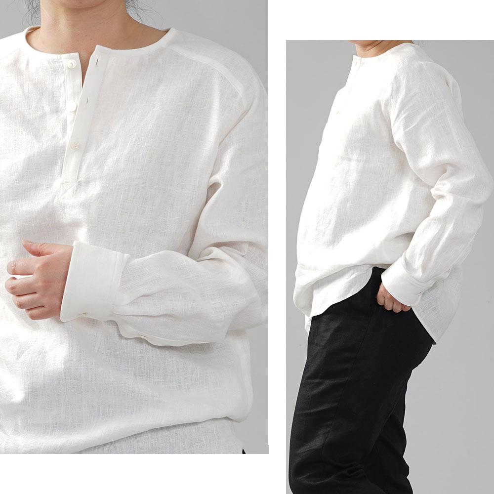 男女兼用 中厚地 リネンシャツ ラグラントップス ヘンリーネック