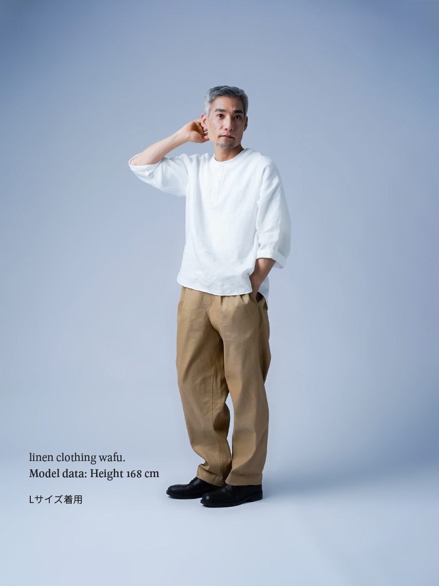 リネントップス】ヘンリーネック 7分袖 軽やかに 保坂シャツ / 白