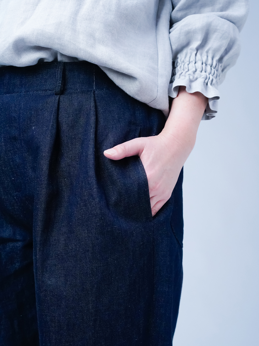 リネンデニムパンツ】時間を忘れる心地よさ 男女兼用タックパンツ