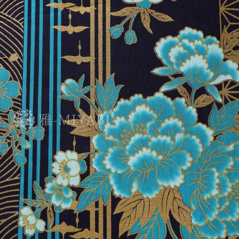 和柄生地 雅 -MIYABI- / 開花シリーズ 花柄と鶴と伝統文様の縦模様