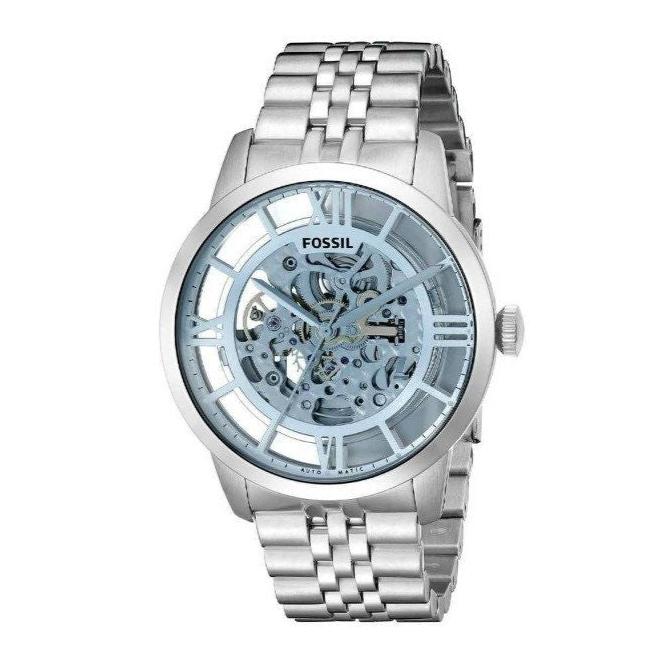 Fossil Townsman Automatic Skeleton Blue Dial Silver Steel Strap