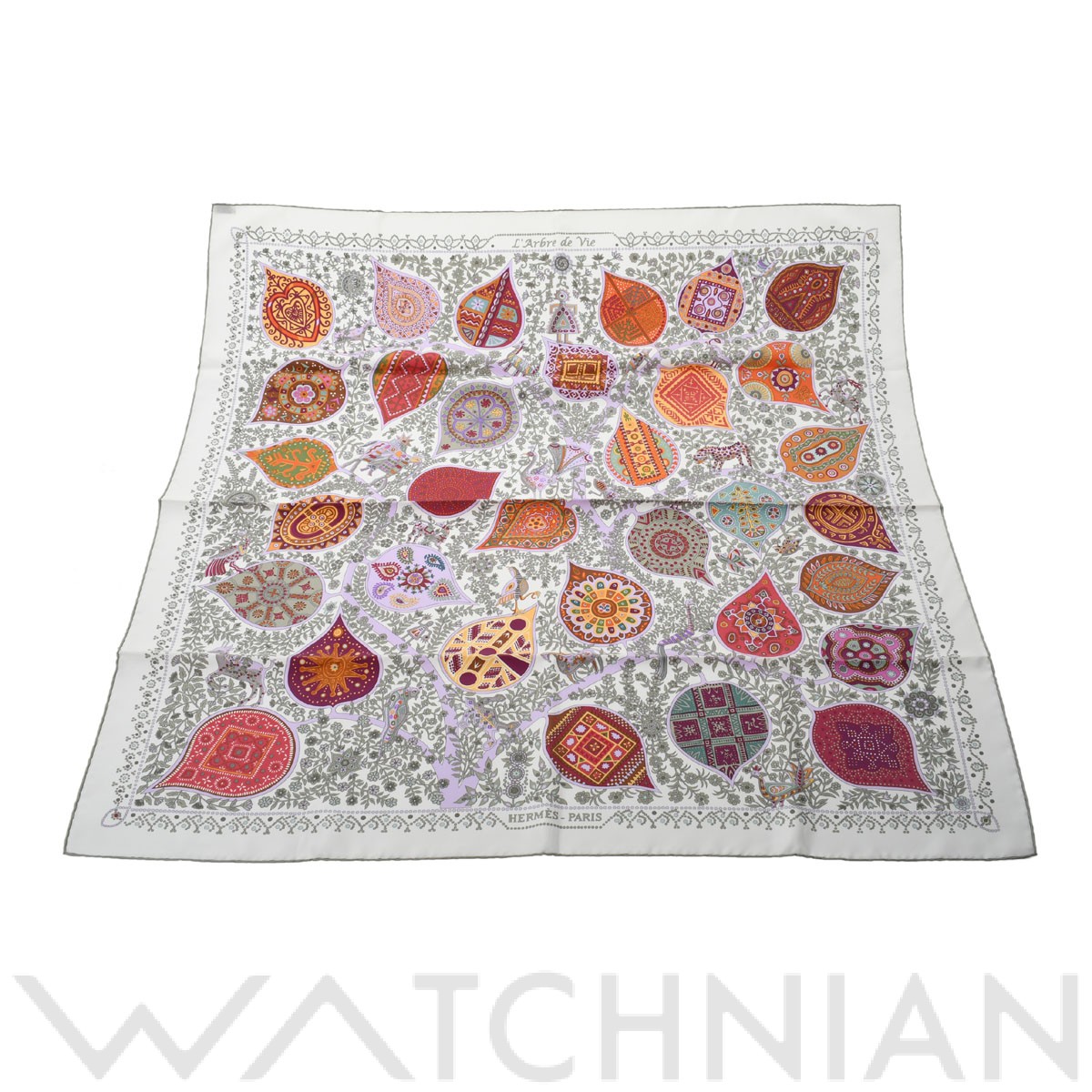 エルメス / HERMES カレ90 L'ARBRE DE VIE ホワイト/グレー シルク100