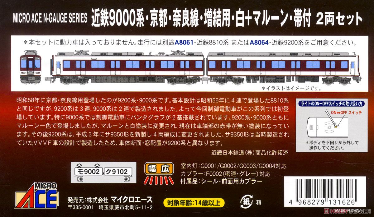 近鉄 9000系・京都・奈良線・増結用・白+マルーン・帯付 (2両セット