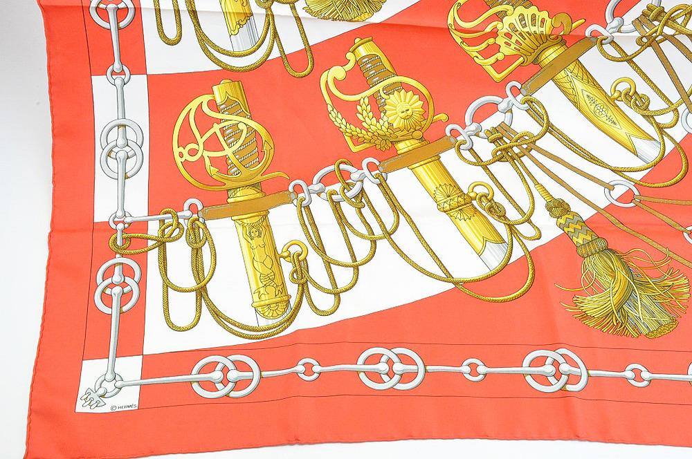 エルメス カレ スカーフ Cliquetis(剣柄) シルク オレンジ 90*90｜ここ