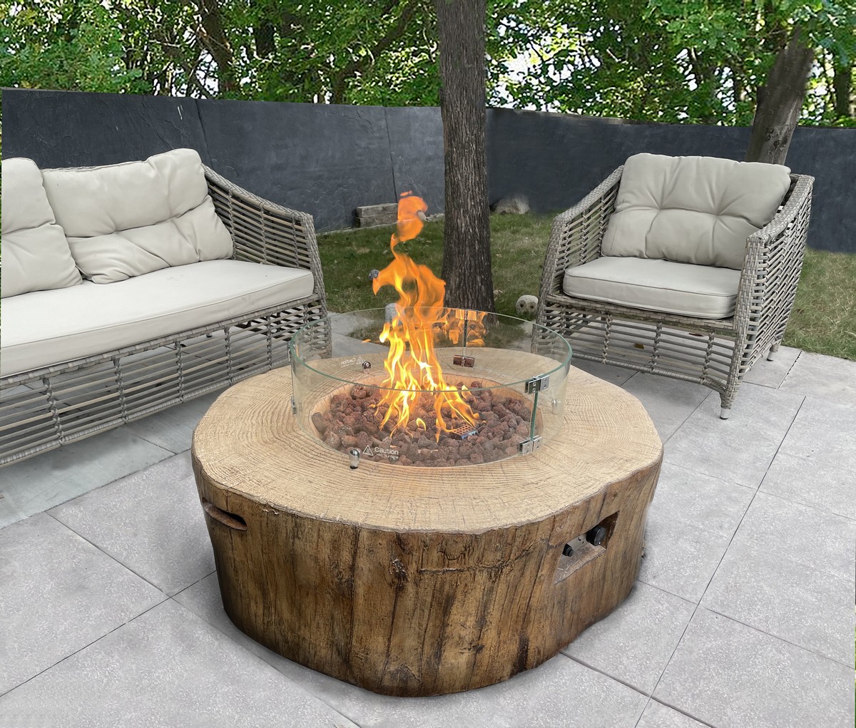 Wood imitation gas fireplace table as a artificial tree stump