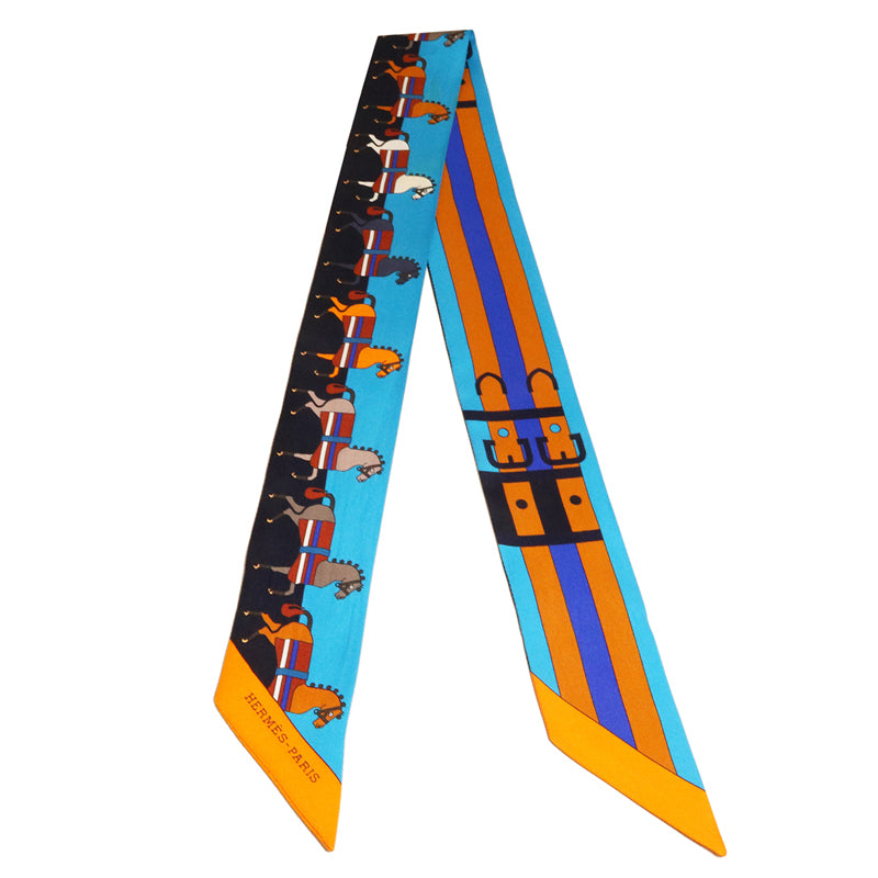 HERMES エルメス シルク ツイリー 馬柄 ブルー ネイビー オレンジ【中古】