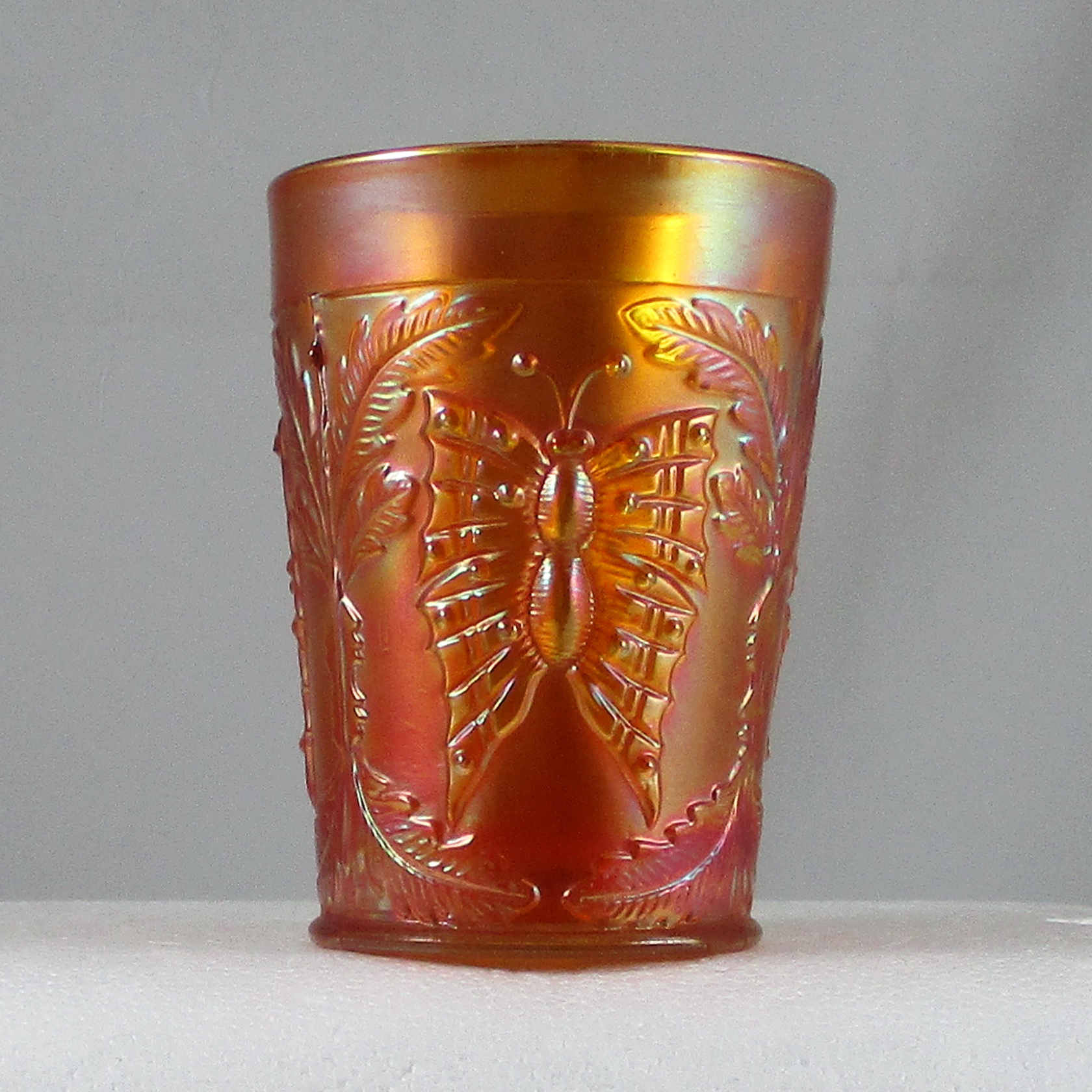 Antique Fenton Butterfly & Fern Marigold Carnival Glass Tumbler