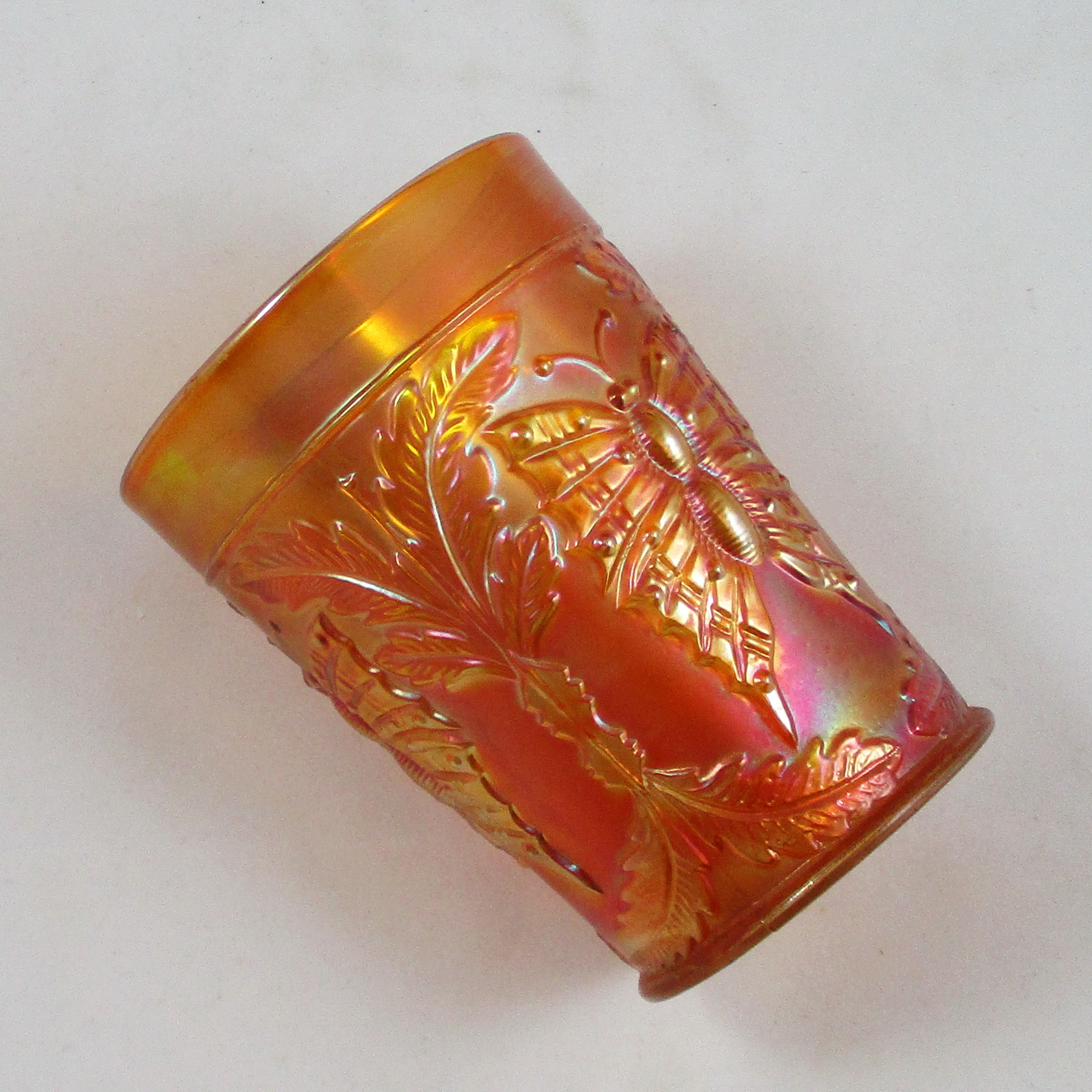 Antique Fenton Butterfly & Fern Marigold Carnival Glass Tumbler