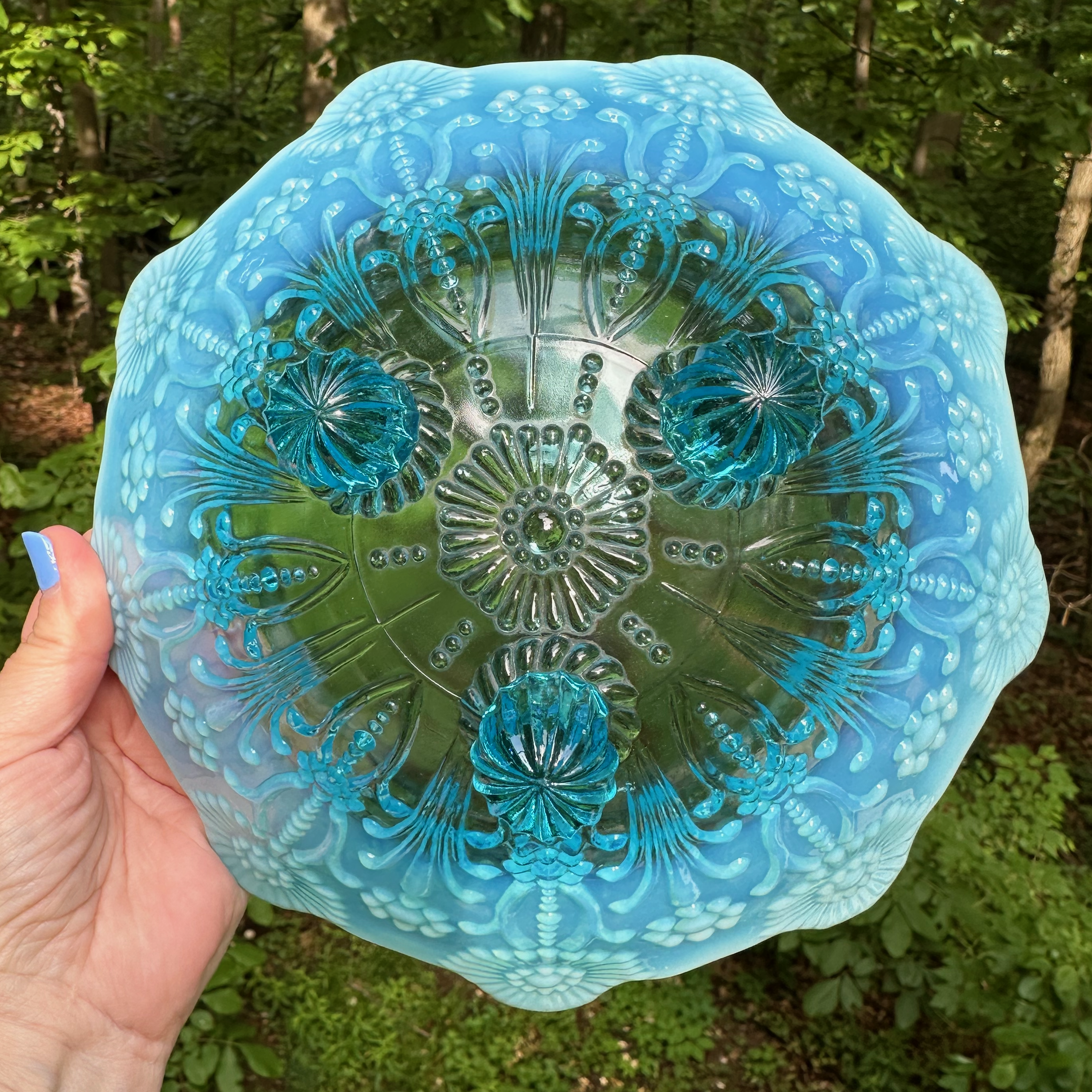 Antique Northwood Pearl Flowers Blue Opalescent Opal Glass Bowl