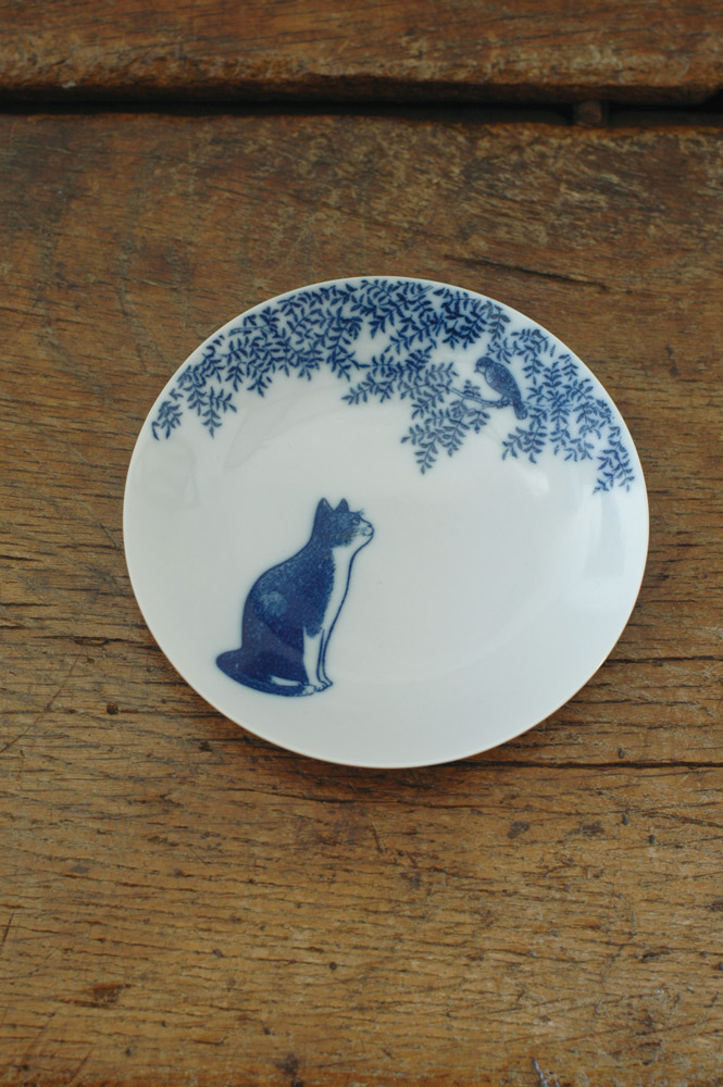 倉敷意匠 銅版絵付け 13cmプレート (小鳥と猫)