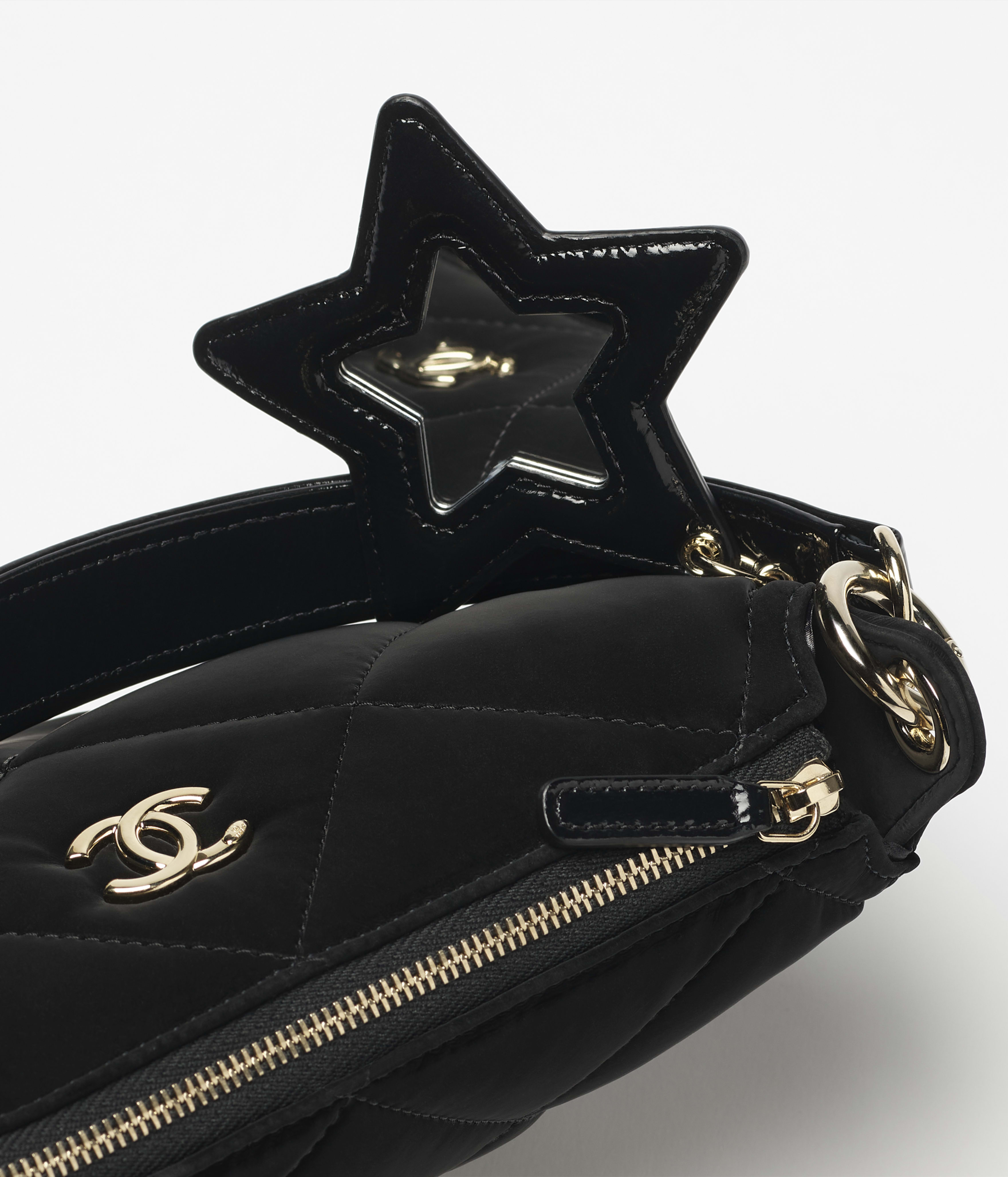 Clutch with chain - Velvet-effect nylon, shiny crumpled calfskin