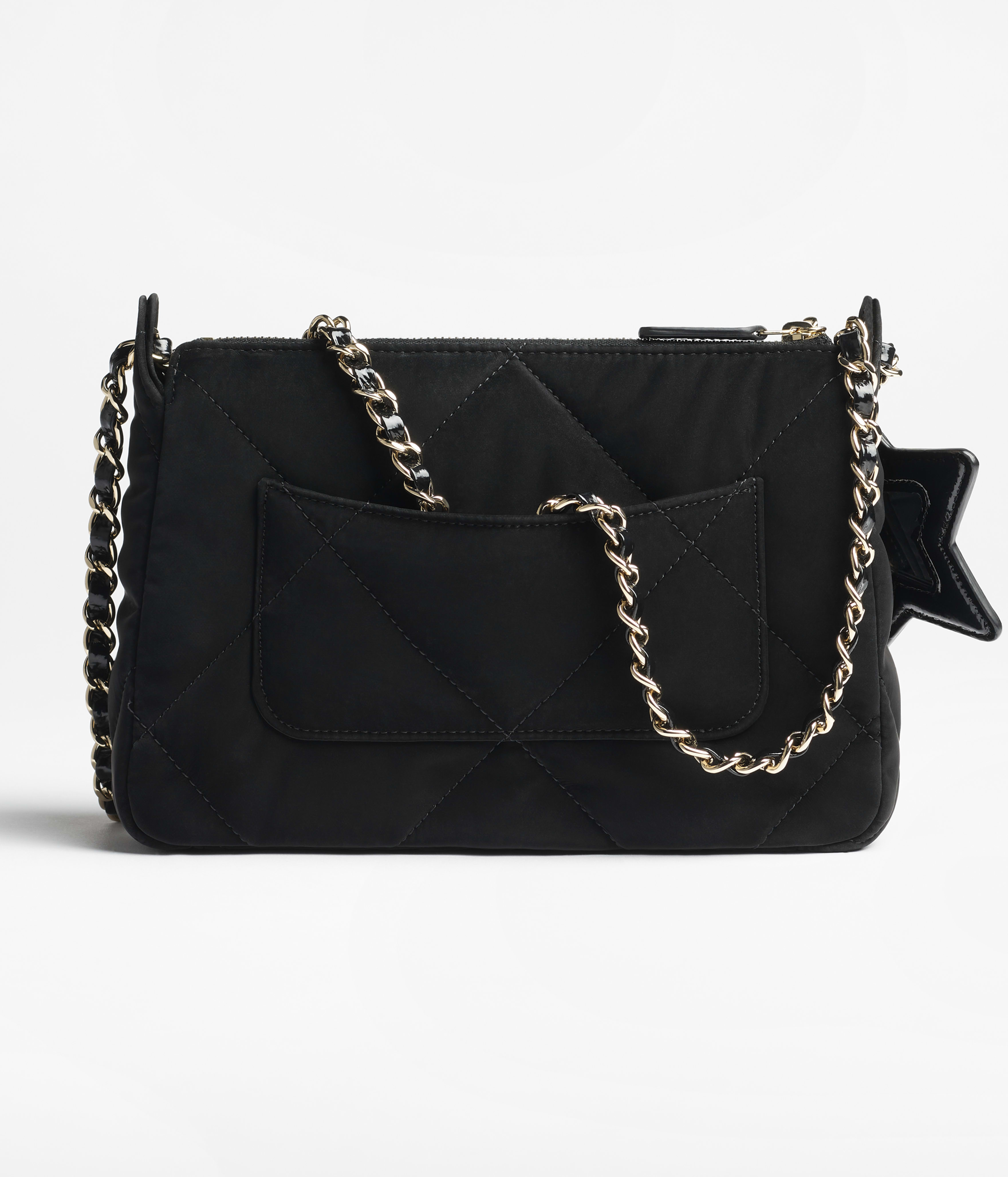 Clutch with chain - Velvet-effect nylon, shiny crumpled calfskin