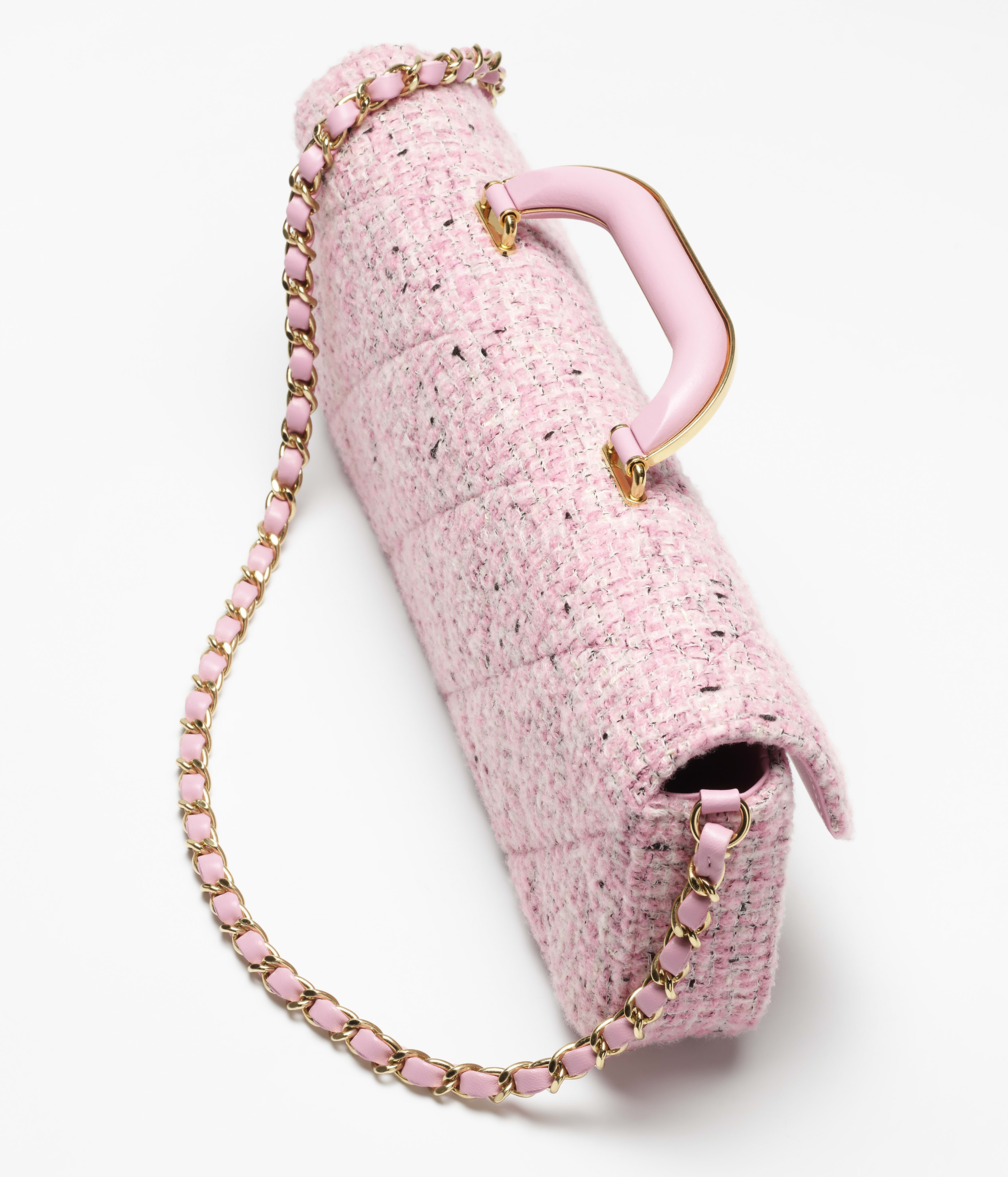 ラージ トップハンドル フラップ バッグ、ツイード、ピンク、ブラック