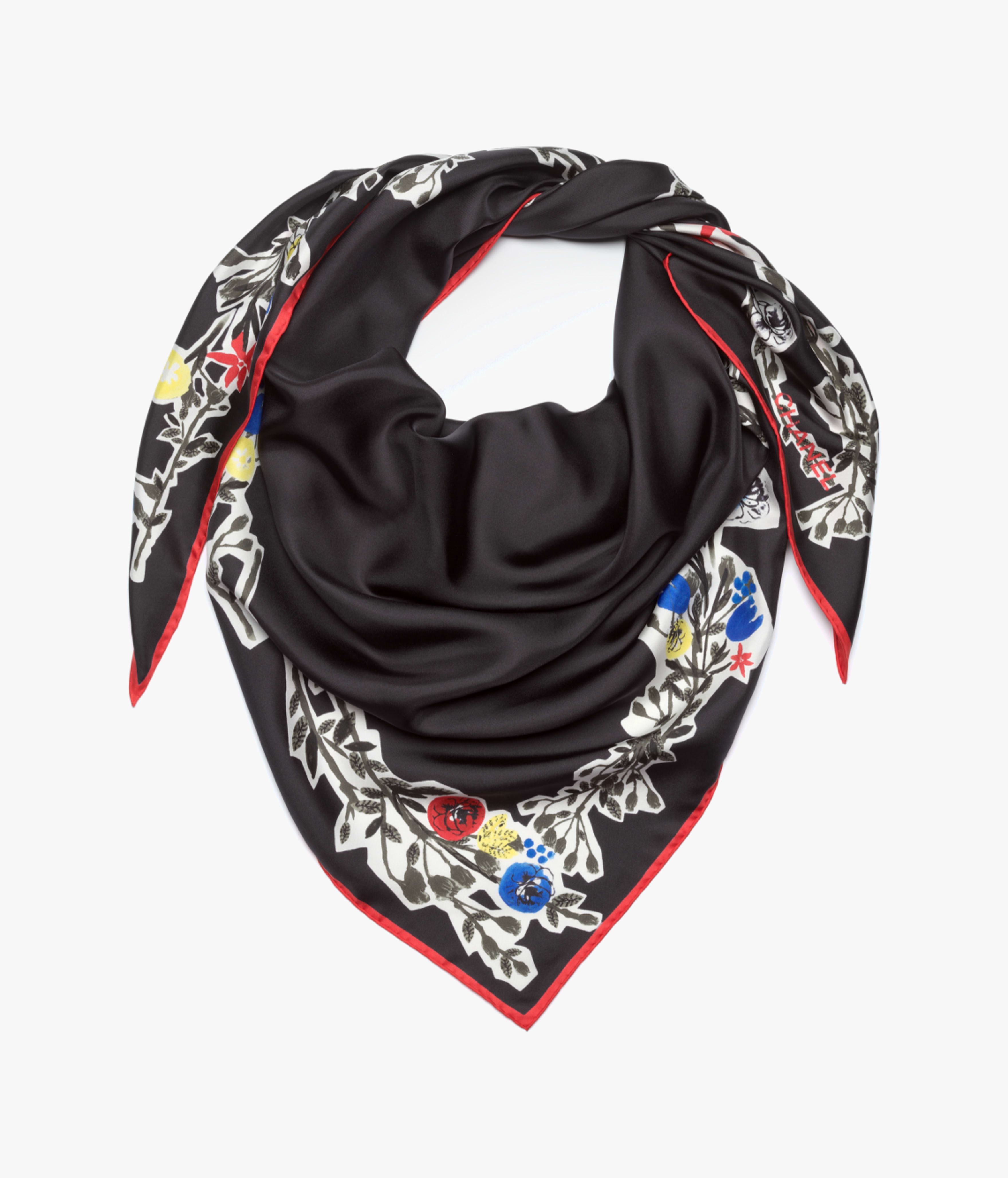 スカーフ - シルク ツイル、エクリュ, ブラック, レッド, ブルー