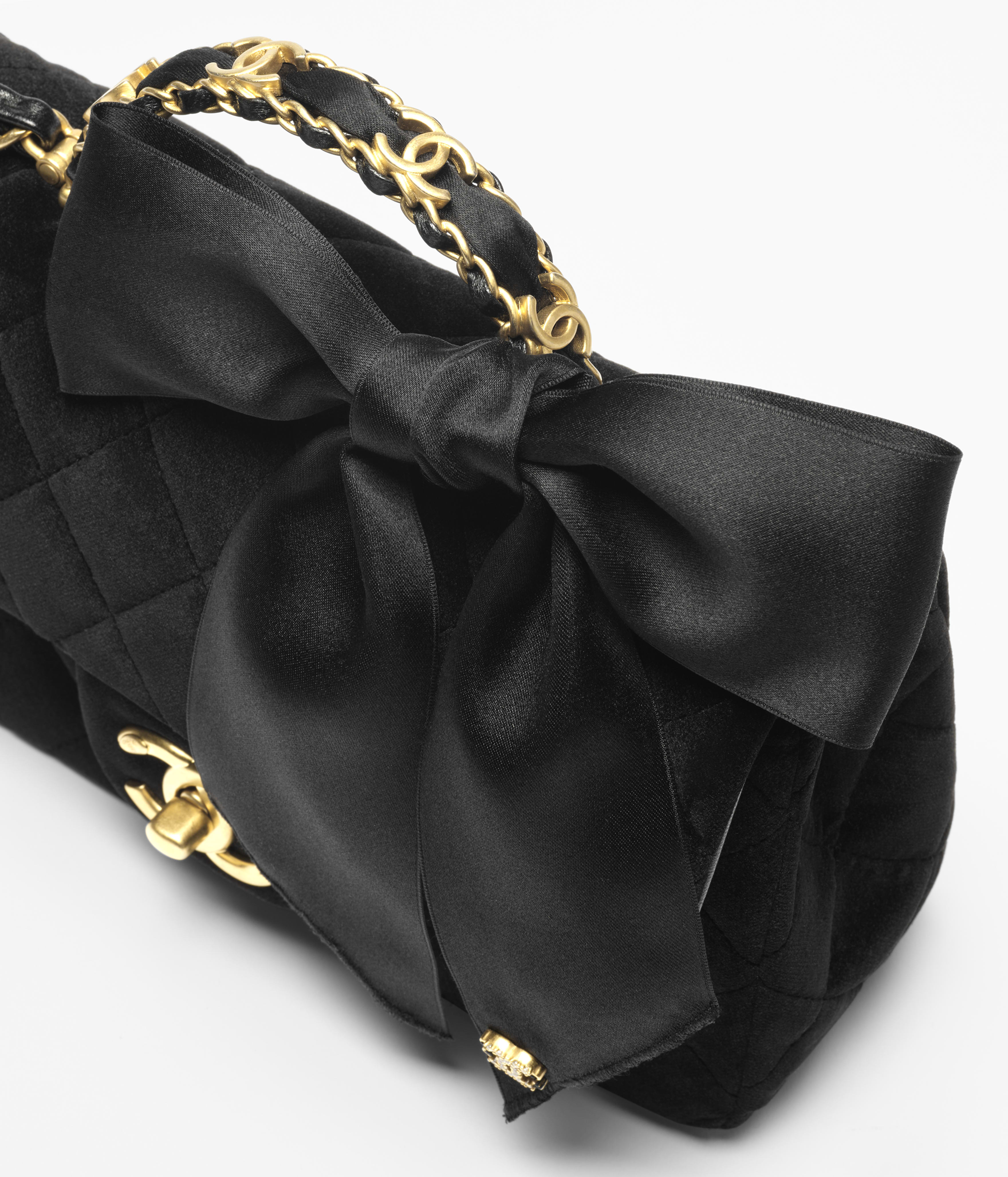 トップハンドル ミニ フラップ バッグ、ベルベット、シルク、ブラック