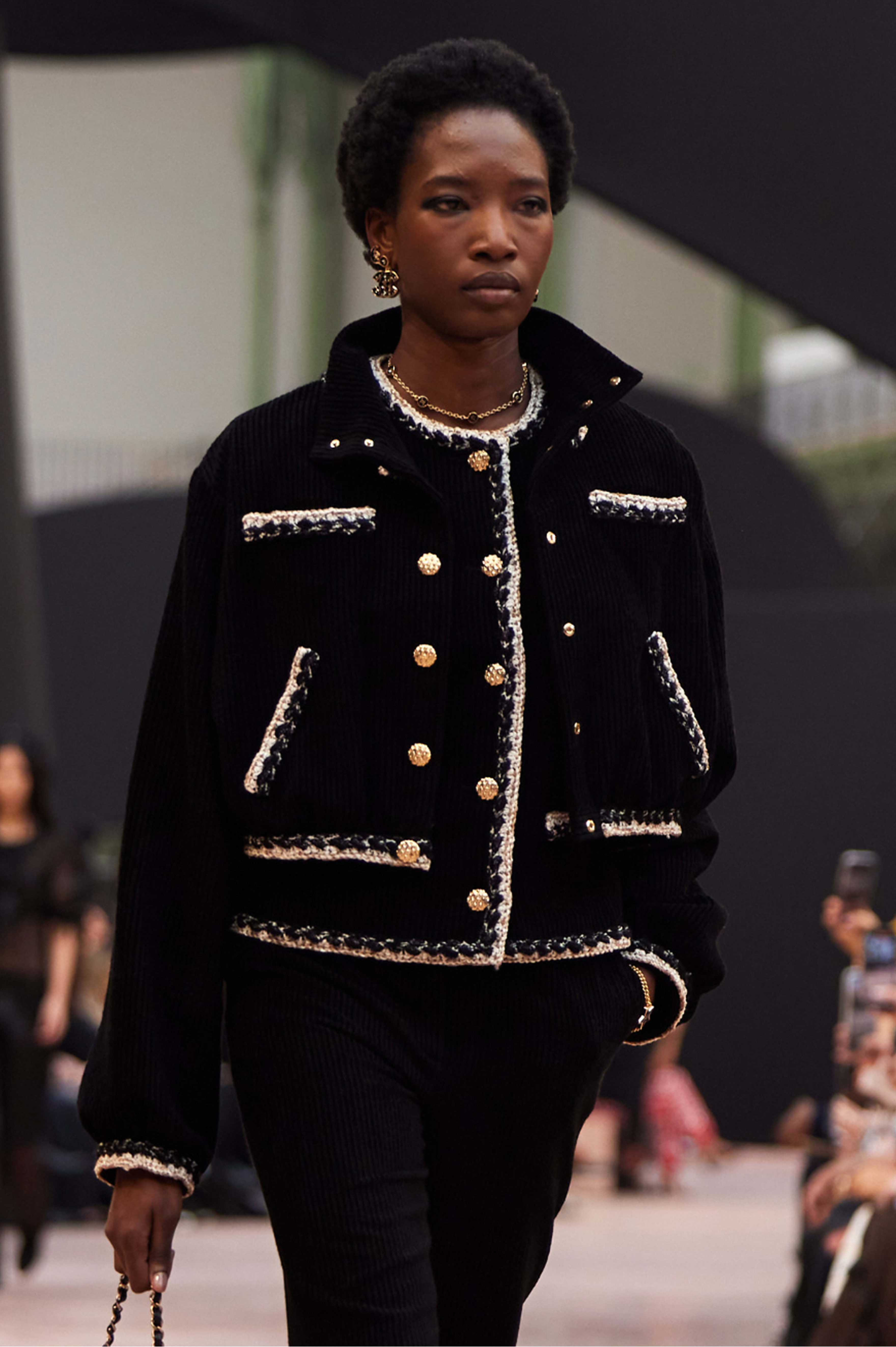 Jacket - Corduroy, black, gold & white — Fashion | CHANEL