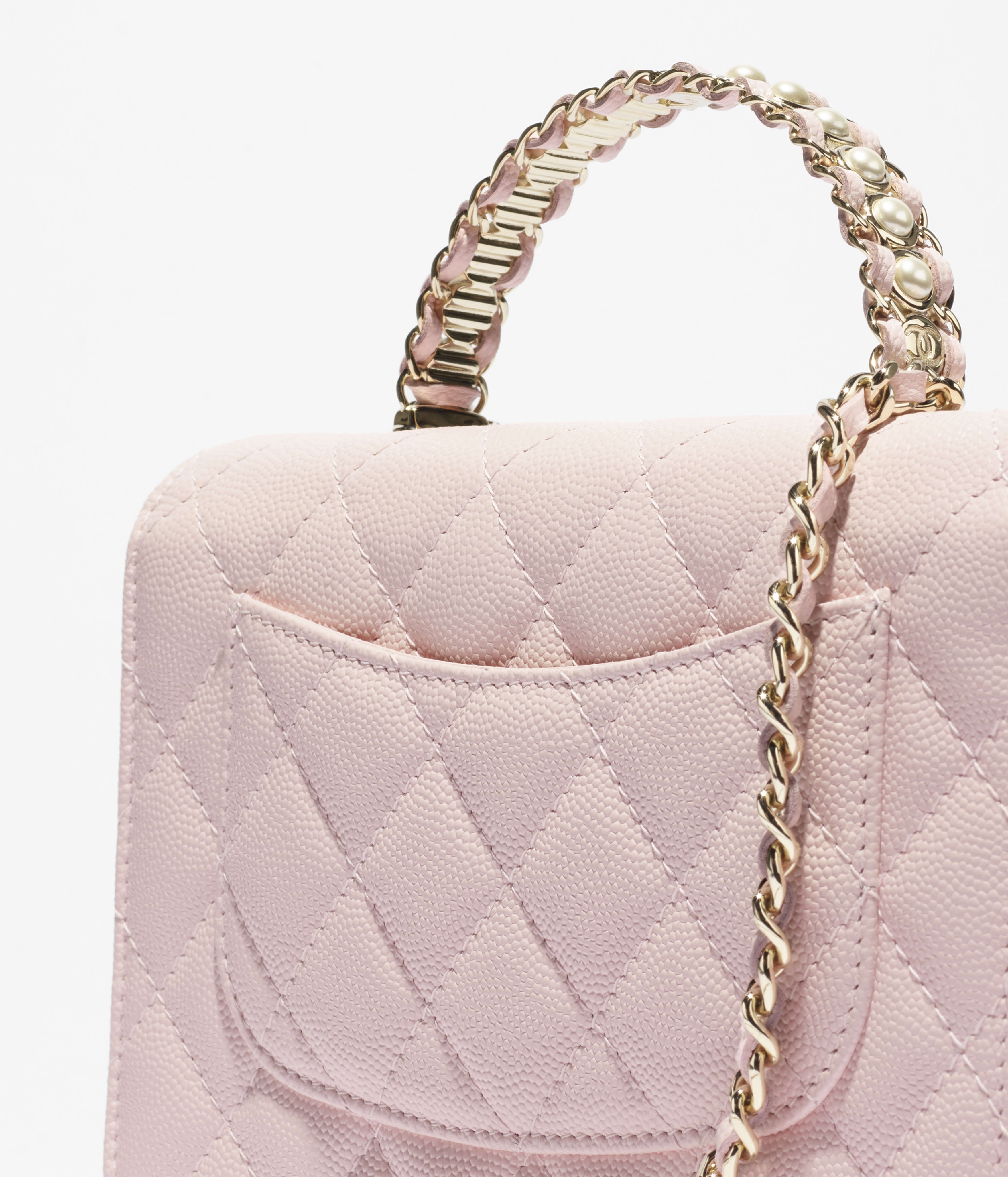 Wallet on chain - Grained calfskin, imitation pearl & gold-tone