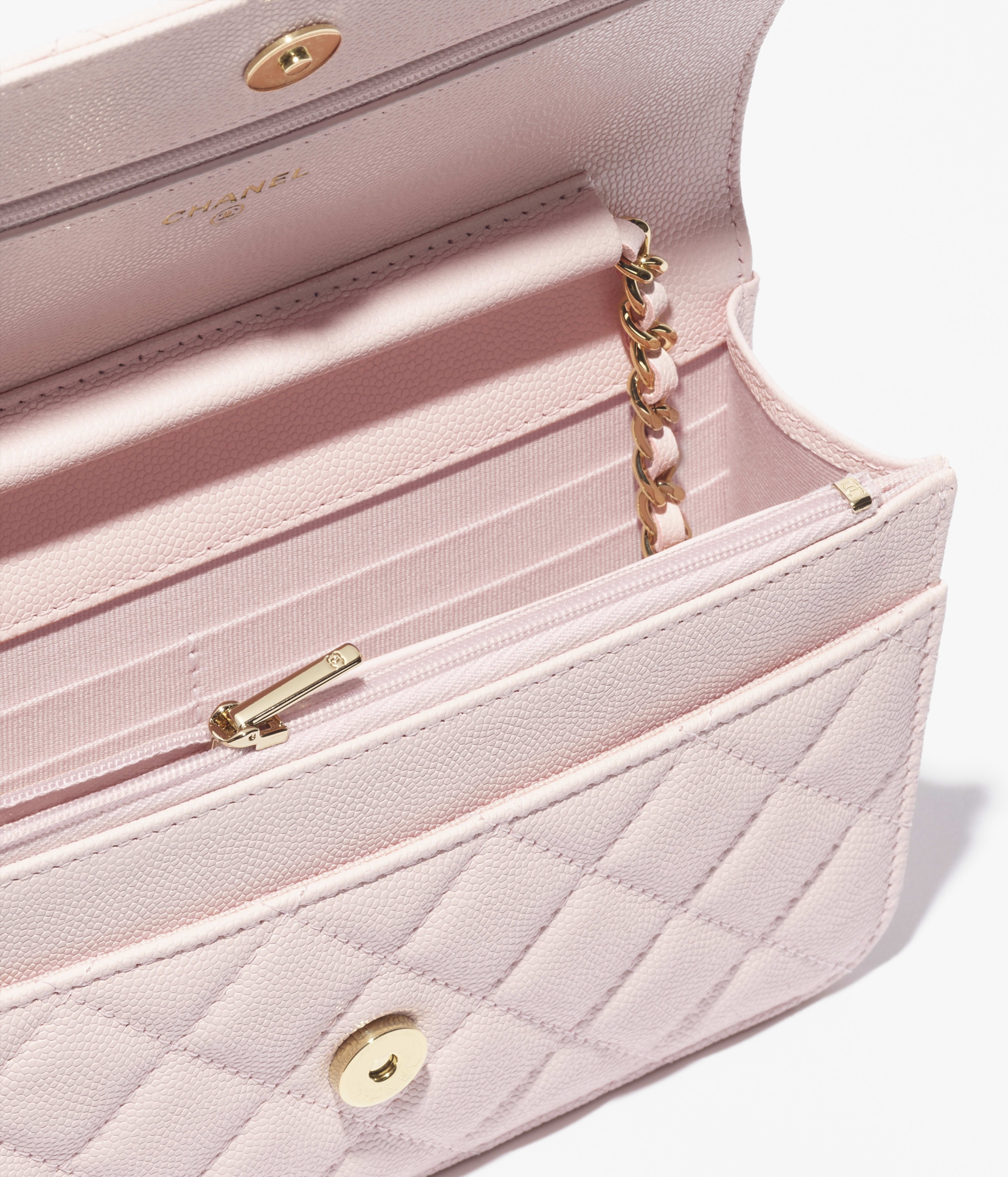 チェーンウォレット - シャイニー グレインド カーフスキン、ピンク